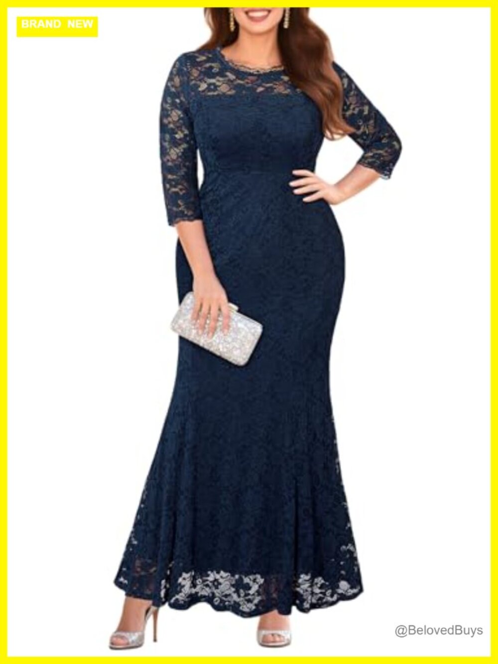 Plus Size Formal Lace Mermaid Gown Wedding Evening Dress 3/4 Sleeve